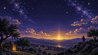 The Hidden Light title screen: Avram beside his tent beneath a sky full of stars